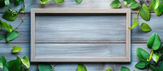 Poster - empty beech wood photo frame surrounded by green leaves on a textured gray wooden background ideal f