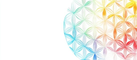 Poster - Colorful Flower of Life Pattern with Gradient Shades of Blue, Pink, and Yellow on Bright White Background with Copy Space for Text