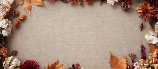 Sticker - Dried Flowers and Leaves in Warm Earth Tones Framing a Beige Canvas Background Top View Capturing a Natural Rustic Aesthetic for Creative Mockups