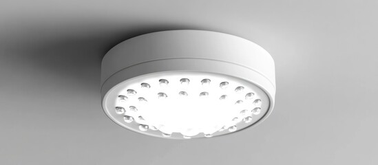 Poster - Energy Efficient White LED Light Bulb Mounted on Ceiling Against Soft Gray Background with Empty Copy Space for Text