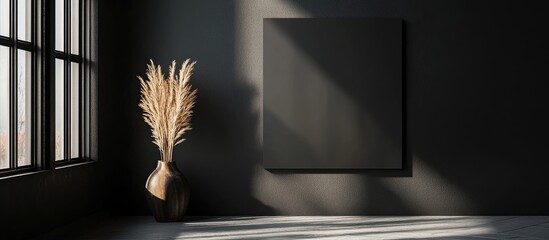Poster - minimalist interior featuring a large framed textured canvas on a sleek black wall, warm sunlight ca