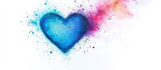 Poster - vibrant blue heart shape created with holi color powder particles exploding on white background idea