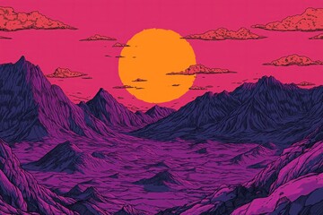 Wall Mural - A comic-style sun rising over exaggerated, colorful mountains