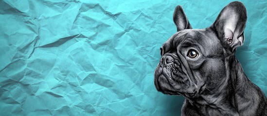 Poster - chalk drawing of french bulldog on crumpled teal paper background with negative space for text and b