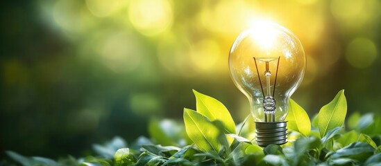 Poster - Bright Light Bulb Surrounded by Green Leaves Symbolizing Renewable Energy Solutions with Soft Sunshine Background Ideal for Text Overlay