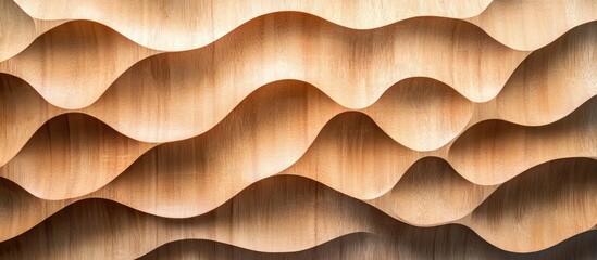 Poster - Textured wave pattern of warm beige and light brown plywood wood panel wall with empty copy space for creative design or text placement.