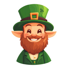 Smiling leprechaun in green hat, festive Irish character.