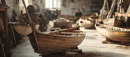Poster - Craftsman Workshop with Rustic Wooden Fishing and Sailing Boats in Natural Light Empty Space for Text Vintage Gothic Design Elements