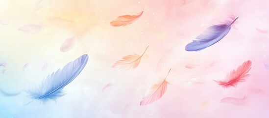 Poster - Colorful feathers gracefully in flight against a soft pastel background featuring hues of pink, blue, and peach with ample copy space for text.