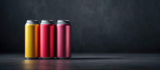 Poster - Colorful Energy Drink Cans in Yellow and Red on Dark Textured Background with Subtle Selective Focus and Empty Copy Space for Branding