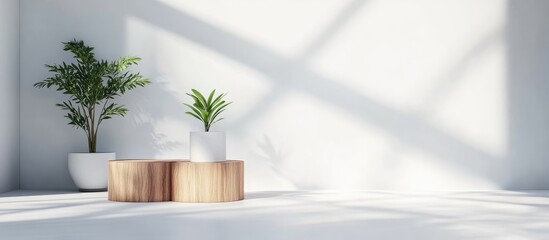 Poster - Modern Exhibition Stand Mockup with Green Plants and Wooden Elements in Bright White Interior with Ample Space for Text and Branding.