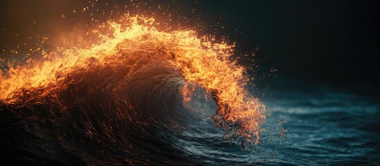Fototapete - Dynamic fiery ocean wave shape with vibrant orange flames against a dark background, featuring ample empty space for text placement.