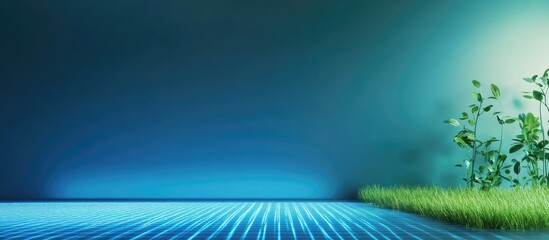 Poster - Energy Efficiency Concept with Green Grasses and Blue Gradient Background Ideal for Environmental Awareness and Energy Monitoring Text Copy Space
