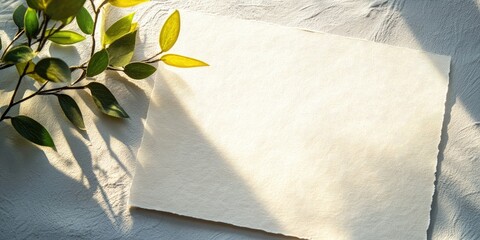 Poster - Minimalist close up of textured white antique paper with soft sunlight casting shadows on a textured surface featuring green leaves in the background.