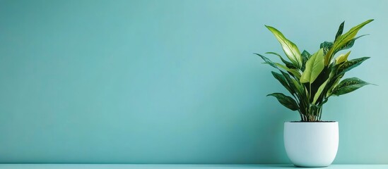 Poster - Vibrant Green Potted Plant Against Soft Aqua Background with Ample Copy Space for Text in Stylized Minimalist Decor Setting