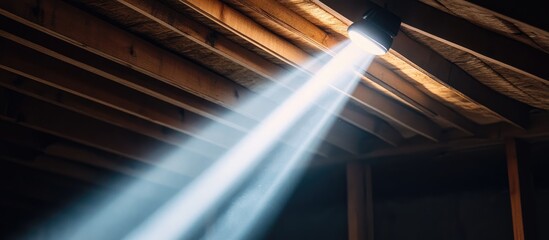 Poster - Bright Energy Efficient LED Spotlight Illuminating Rustic Wooden Attic Roof Beams with Soft Rays of Light and Clear Copy Space for Text