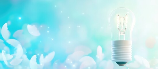 Poster - Bright Energy Saving Light Bulb Illuminating Soft Blue and Green Floral Background with Clear Copy Space for Eco-Friendly Text and Ideas