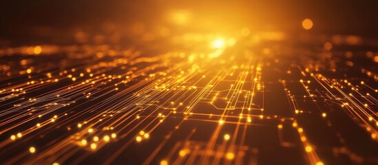 Poster - Golden Bokeh Glow Technology Background with Warm Yellow and Orange Light Rays Radiating Across a Soft Focused Surface for Text Placement