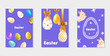 © VD_ele - Collection of A5 Happy Easter greeting flyers. Set of brightly colored Easter eggs. Festive eggs are suspended from a satin ribbon with a bow. Cute bunnies with neon elements. Vector illustration