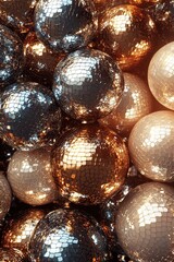 Poster - An engaging abstract backdrop showcases a lively pattern of metallic disco balls in silver, gold, and rose gold, set against a dark background, perfect for text placement