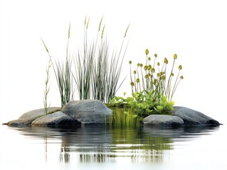 Wall Mural - Water with stones, grass and yellow flowers in an elegant minimalist composition