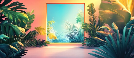 Poster - Vibrant Tropical Scene Featuring Lush Green Plants with Soft Pink Walls and Radiant Blue Window Light for Text Placement