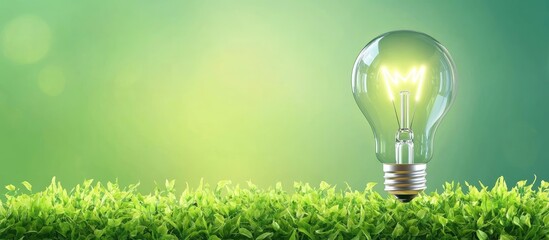 Poster - Illuminated Light Bulb Icon on Green Grass with Soft Gradient Background and Ample Space for Environmental Energy Concept Text