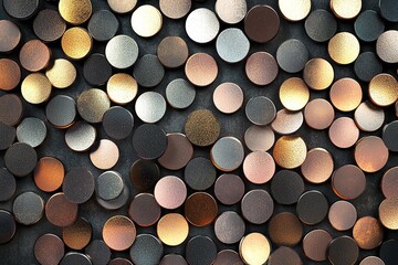 Wall Mural - A stylish abstract background showcases a pattern of metallic disco ball shapes in silver, gold, and rose gold against a dark backdrop, providing blank space for text overlay