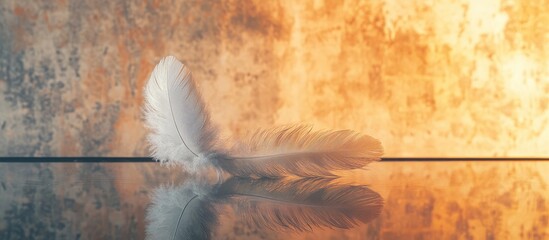 Poster - Delicate white feather resting on a reflective glass table against a textured concrete wall and an orange sky background with ample copy space.