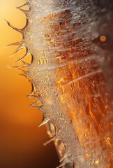 Poster - Close-Up of Ice with Sharp Edges Reflecting Warm Light, Capturing the Intricate Details and Textures of Frozen Water Against a Blurred Orange Background