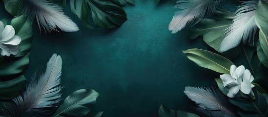 Poster - Elegant Tropical Feathers and Green Plants Framing Tranquil Teal Background with Floral Accents and Generous Copyspace for Custom Text