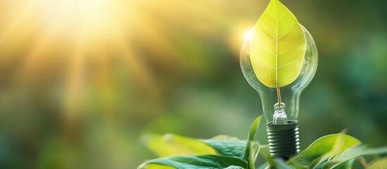 Poster - Sustainable Energy Solutions Concept with Light Bulb and Leaf on Green Plant Background Featuring Warm Sunlight and Empty Space for Text