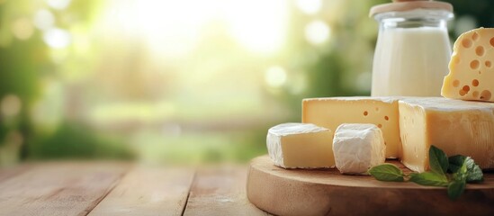 Poster - Expired dairy product assortment on wooden board with blurred green background and soft sunlight, creamy textures and empty space for text