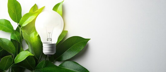 Poster - Smart Energy Management Concept Featuring Green Leaves and Light Bulb on a Clean White Background with Space for Text in Commercial and Industrial Applications