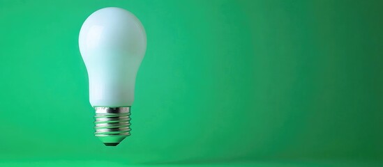 Poster - Energy Saving Light Bulb Floating Above Vibrant Green Background with Blank Space for Eco-Friendly Text and Messages