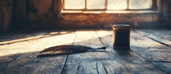 Poster - Feather and ink pot resting on rustic wooden table in warmly lit attic showcasing enchanting dawn light with ample empty copyspace for text