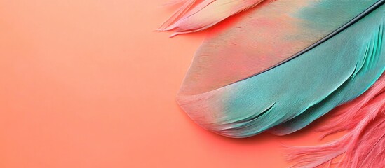 Poster - Elegant Feather in Spring Green and Coral Hues on Soft Vibrant Pink Background with Generous Copyspace for Textual Content