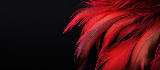 Poster - Elegant red feathered plumage isolated on black background showcasing intricate details and rich textures with ample copyspace for creative design
