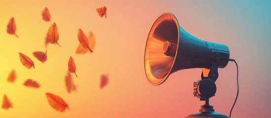 Poster - Colorful Featherweight Praise Communication Device with Vibrant Background and Leaves in Motion Featuring Empty Copyspace for Text