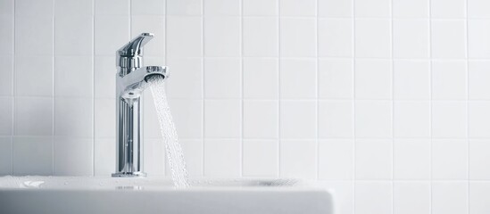 Fototapete - Stylish chrome faucet with flowing clear water on pristine white sink against textured white tiled wall, ideal for clean and modern bathroom concepts