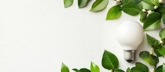 Poster - Energy Efficiency Concept Featuring Green Leaves and LED Bulb on Light Background with Empty Copy Space for Sustainable Text Ideas