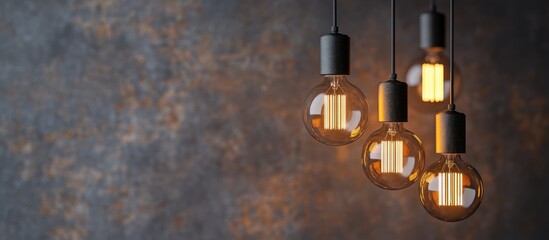 Poster - amber glowing energy efficient led light bulbs in artistic design hanging against a textured dark bl