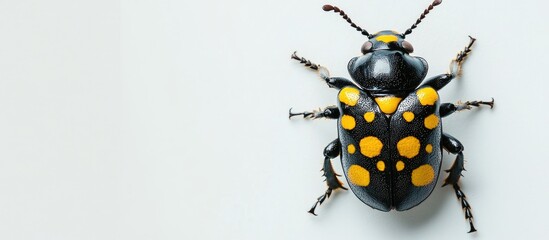 Poster - Exotic Black Beetle with Yellow Dots Decoratively Positioned on Light Gray Background Ideal for Text Insertion and Nature Themes