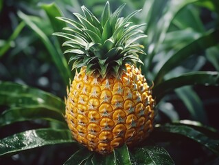 Bright yellow tropical fruit with green leafy top and bottom