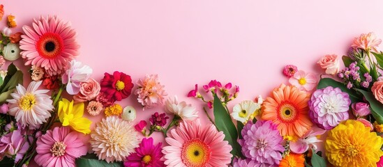 Poster - Vibrant Floral Kaleidoscope on Soft Pink Background with Colorful Blossoms and Empty Space for Text, Ideal for Invitations or Promotions