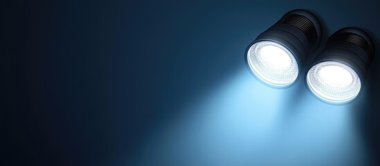 Poster - Bright Energy Efficient LED Spotlights Illuminating Soft Blue Background with Copy Space for Text in Modern Lighting Technology Concept