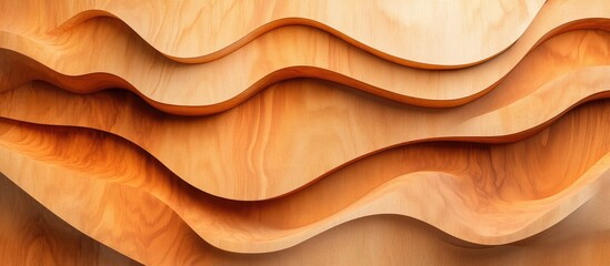 Poster - Layered warm-toned plywood texture with smooth curves and empty space for text on a natural wood background in soft orange and beige hues.