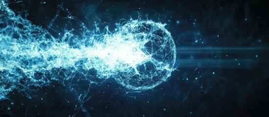 Fototapete - Dynamic Blue Energy Sphere in Motion with Empty Space for Text on Dark Background Representing Fastball Concept
