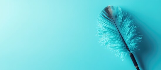 Poster - Turquoise Feather Duster Spreading Soft Feathers on Light Blue Background with Copyspace for Text in Cleaning Conceptual Imagery