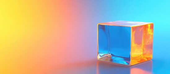 Fototapete - Amber Energy Cube with Reflective Blue and Orange Gradient Background and Empty Text Space for Customizable Design Elements